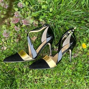 Ivanka Trump Black Gold Multi Patent Pumps Ankle Straps Pointed Toe 6.5M